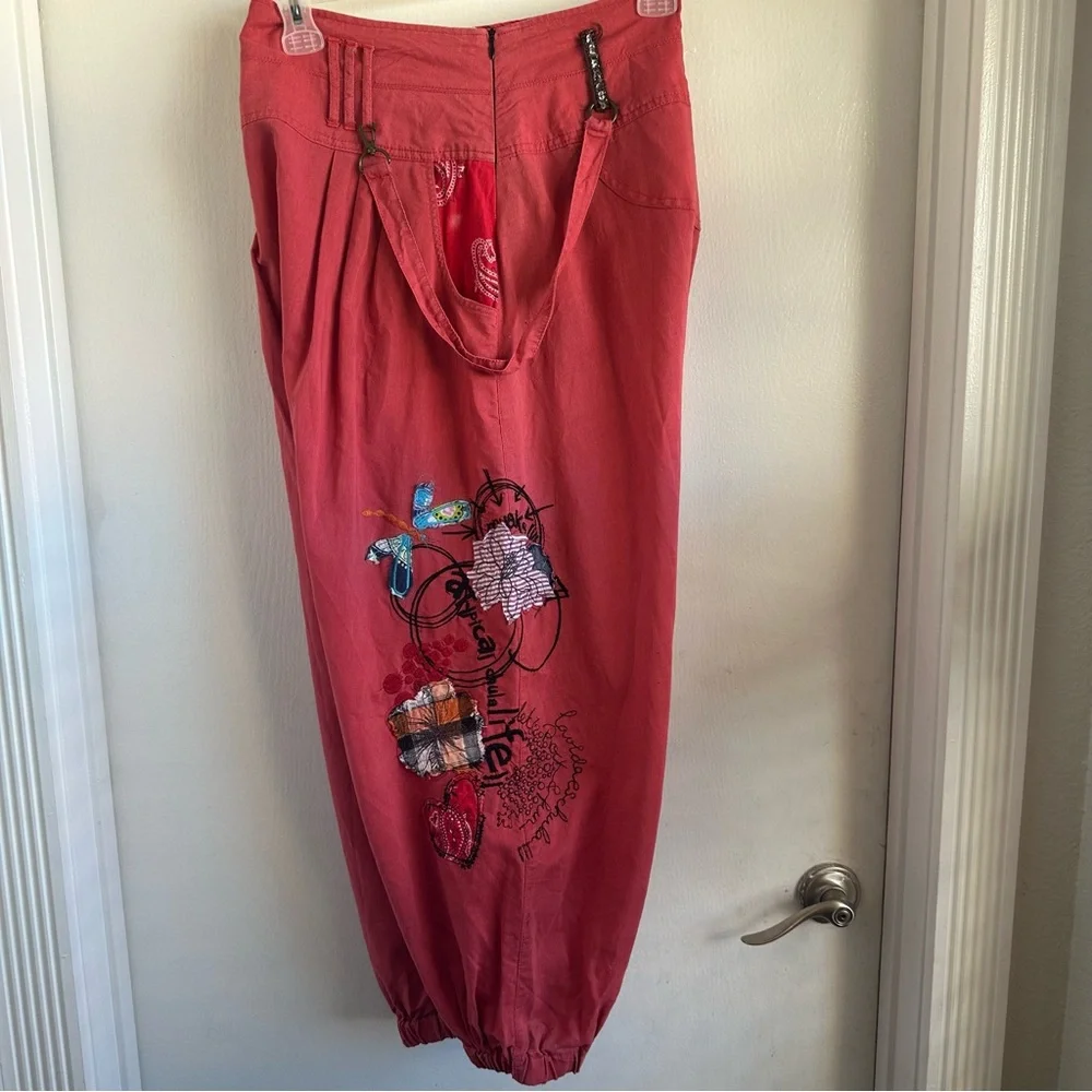 RARE Desigual Vibrant Coral Red Embroidered Appliquéd Cotton Boho Harem Pants - Picture 8 of 13